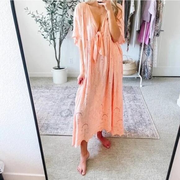 Young Fabulous and Broke Eyelet Kaftan Cover Up Dress Peach Size S - Picture 1 of 4